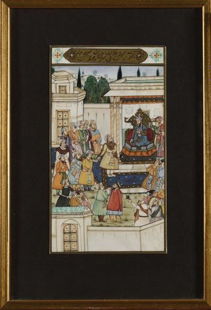 null INDIA Palace scene. Indian miniature on ivory painted with gold highlights....