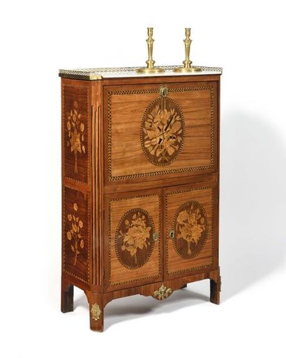 null Secretary with inlaid flap opening to a flap uncovering six drawers and five...