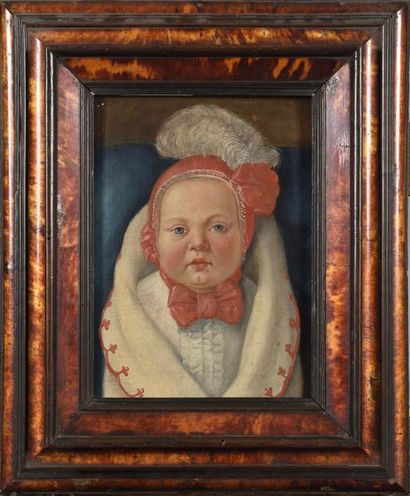 null GERMAN school circa 1820 Young child with red cap and feather Parchment marouflé...