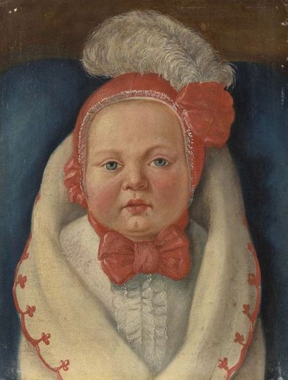 null GERMAN school circa 1820 Young child with red cap and feather Parchment marouflé...