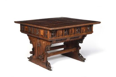 null Rare bookcase table in carved oak and marquetry in the taste of the Italian...