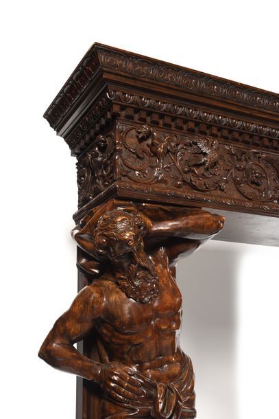 null Monumental Neo-Renaissance style walnut stained walnut mantel with Atlantean...