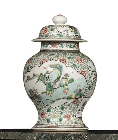 null CHINA Pair of porcelain covered baluster pots decorated in green family enamels...