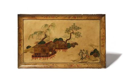 null Tray in European varnish with Chinese landscapes on a yellow background, (probably...