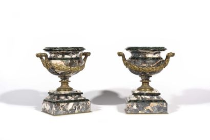 null Pair of breccia marble cups molded with side handles and a chiseled frame of...