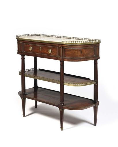 null Mahogany half-moon shaped console table, opening with three drawers, two of...