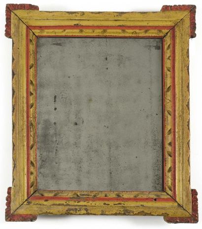 null Rectangular painted wooden mirror with ribboned rush decoration. 18th century...