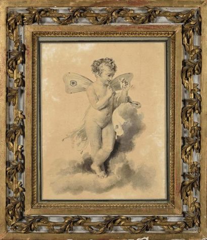 null French school of the 19th century Study of angels Black pencil, pen and wash...