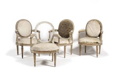 null Suite of four moulded and sculpted beechwood armchairs (originally painted),...