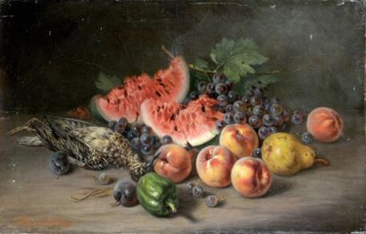 null EPAMINONDAS CHIAMA 1844-1921. Still life with fruit and woodcock, 1880. Oil...