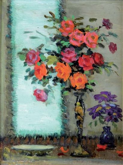 null PIERRE BOUDET (1915-2011), Vase de roses, Huile sur panneau Signée au dos, 27...