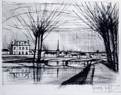 null BERNARD BUFFET (1928-1999) Canal à Soisson, 1964. Gravure signée en bas à droite....