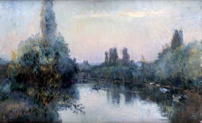 null ALBERT LEBOURG (1849-1928), Barques sur la Seine Huile sur toile Signée en bas...