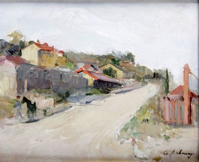 null ALBERT LEBOURG (1849-1928), Chevaux sur le chemin à l’entrée du village Huile...