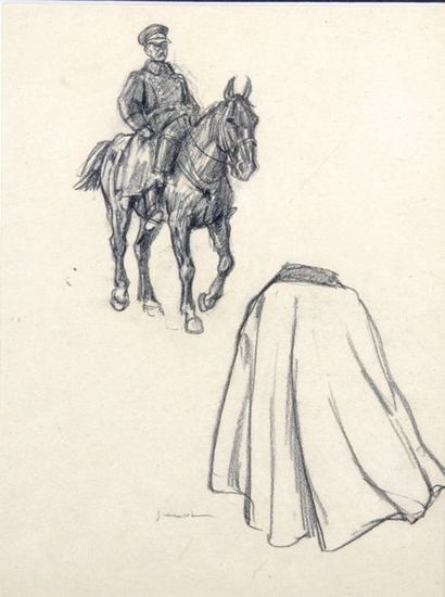 null PIERRE JEANNIOT (1848-1934) Officier à cheval Fusain signé en bas centre, 28...