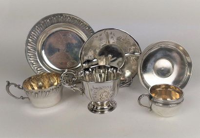 null THREE SILVER MUGS and their CUPS. Minerva hallmark Total weight: 435 gr.