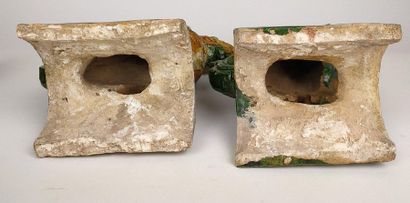 null CHINA Pair of glazed earthenware ridge tiles decorated with dogs of Fô. Wooden...