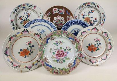 null CHINA Matching set of eight flat and soup plates in polychrome porcelain with...