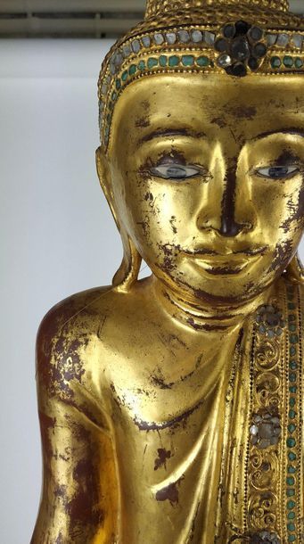 null BURMA Great statue of Buddha Mandalay Myanmar standing on its base, holding...