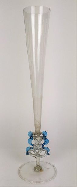 null VENICE Long neck glass with leg in clear colourless glass and blue threads....