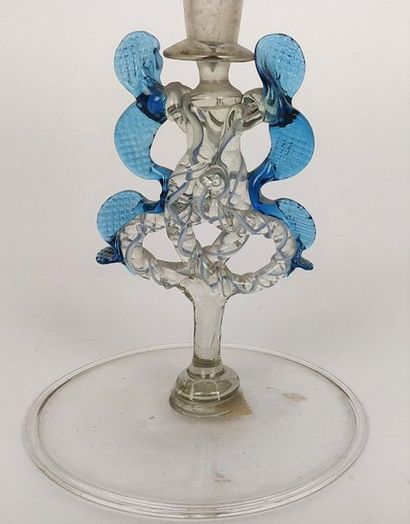 null VENICE Long neck glass with leg in clear colourless glass and blue threads....