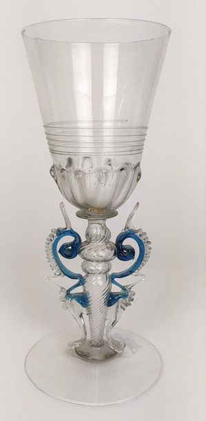 null VENICE Legged glass made of clear colourless glass and blue threads. Venice...