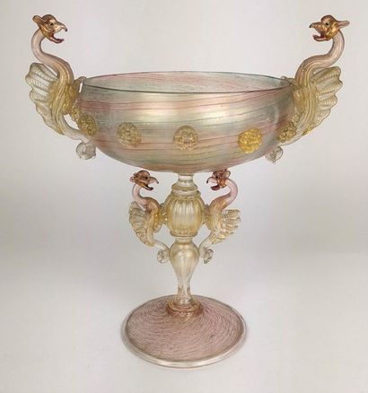 null VENICE Large bowl with dragons in tinted glass with gold highlights, circular...