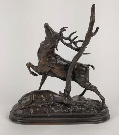 null After Antoine Louis BARYE (1795-1875) Deer and doe Bronze with brown patina...