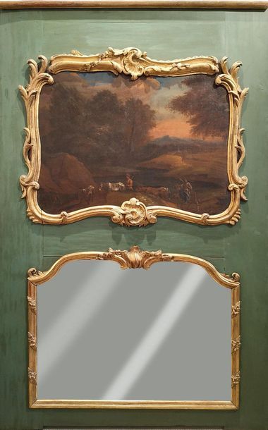 null Green wood TRUMEAU with a pastoral scene and a mirror surrounded by a gilded...