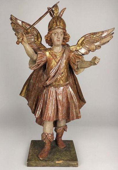 null SCULPTURE in polychrome silver and gold carved wood depicting the archangel...