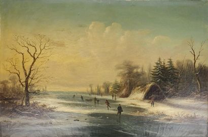 null ECOLE ALLEMANDE du XIXème siècle. Scène de patinage en hiver Paire d'huiles...