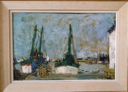 null Daniel du JANERAND (1919 -1990) Bateaux à quai Huile sur toile signée en bas...