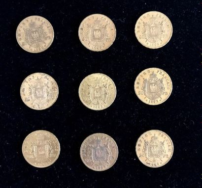null FRANCE 9 pièces or 20 francs or, Napoléon III tête laurée. Poids total : 57,8...