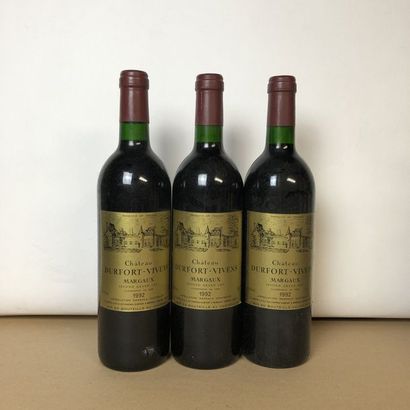 null 3 bouteilles CHÂTEAU DURFORT VIVENS 1992 2e GC Margaux (étiquettes fanées, très...