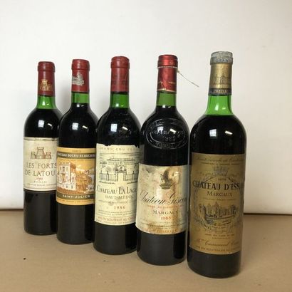 null 5 bouteilles : 1 CHÂTEAU D'ISSAN 1976 3e GC Margaux, 1 CHÂTEAU GISCOURS 1985...
