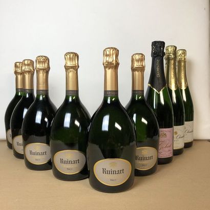 null 9 bottles : 6 CHAMPAGNE RUINART Brut, 2 CHAMPAGNE COMTE DE CHEURLIN Brut, 1...