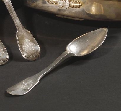 null Pewter soup spoon. Handle decorated with the imperial eagle and marked in relief...