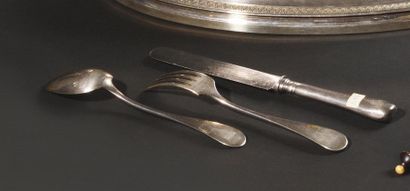 null Set of 3 place settings: a silver plated metal spoon, fork and knife. Handles...