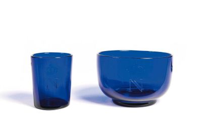 null Small blue tinted glass and bowl from a toilet service of Emperor Napoleon III....