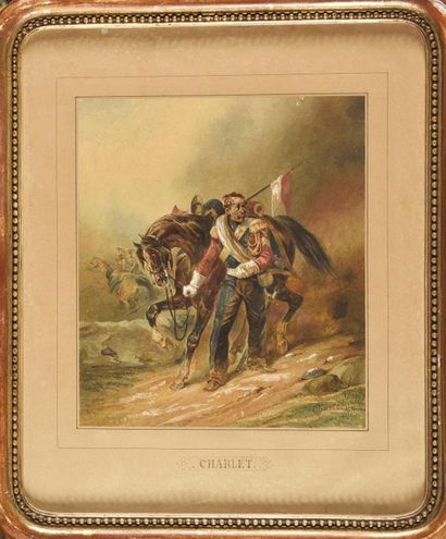 null Nicolas Toussaint CHARLET (1792-1845) Lancier rouge de la Garde impériale, blessé...