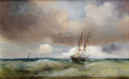 null THEODORE GUDIN (1802-1880) Goëlette sous un ciel d’orage, 1830. Huile sur toile,...