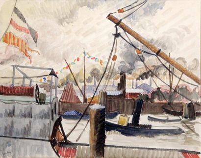 AUGUSTE HERBIN (1882-1960). Le port de Hambourg,...