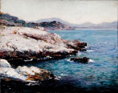 null JEAN-BAPTISTE OLIVE (1848-1936) Paysage de Méditerranée Huile sur panneau, signée...