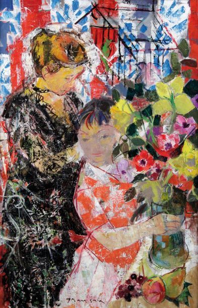 null EMILE GRAU-SALA (1911-1975) Maternité au bouquet, 1958. Huile sur toile, signé...