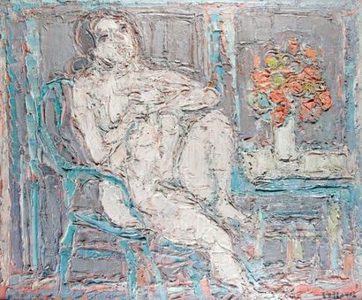 null ANDRE COTTAVOZ (1922-2012) Nu au bouquet de fleurs, 1974 Huile sur panneau,...