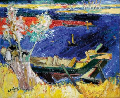 null BERNARD LORJOU (1908-1986), Braque en bord de rivière, 1956, Huile sur toile,...