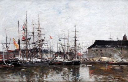 null EUGENE BOUDIN (18224-1898), Anvers, Trois-mâts à quai, 1871. Huile sur panneau...