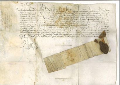 null CHARLES VIII.

Pièce signée « Charles », contresignée sur le rabat par son secrétaire...