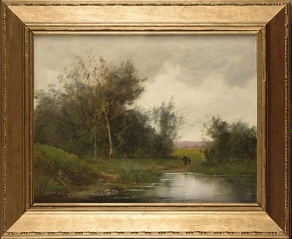 null Edma MORIZOT (1839-1921) Fagotière au bord de l'étang Huile sur toile Signé...