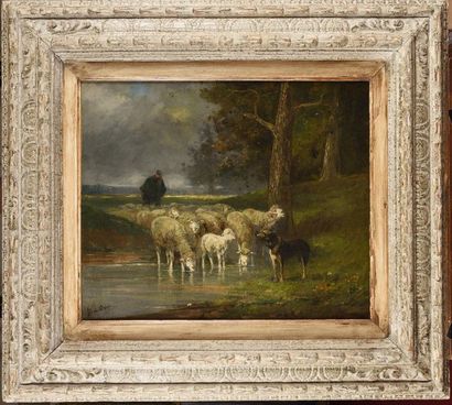 null Coen VAN OVEN (1883-1963) Berger et ses moutons à la mare Huile sur toile Signé...